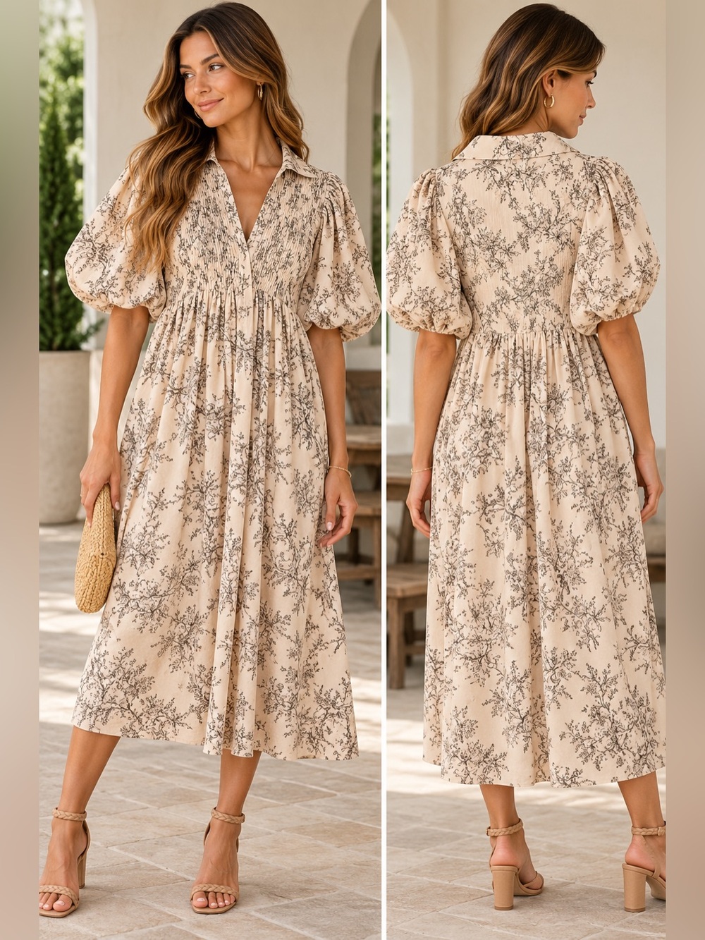 Entro Toile Print Smocked V-Neck Midi Dress Size Large